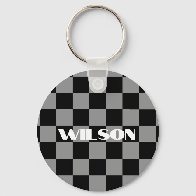 Chaveiro nome personalizado xadrez cinza e preto (Frente)