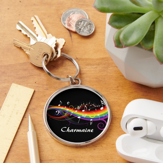 Chaveiro Notas personalizadas de música branca do arco-íris (Mesa)