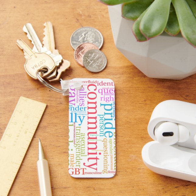 Chaveiro Nuvem de palavras da comunidade LGBTQ+ do arco-íri (Mesa)