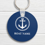 Chaveiro O nome do seu barco é Sea Anchor Blue<br><div class="desc">Um chaveiro personalizado náutico com o nome do barco, o nome da família ou outro texto desejado. Este design único apresenta uma âncora de barco antiga feita sob medida com emblema em círculo de diamante em branco sobre um fundo de azul clássico de marinho. Se necessário, a cor do plano...</div>