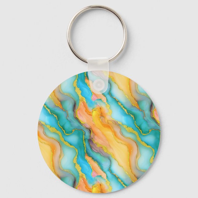 Chaveiro  Ocean Waves in Teal and Yellow-Orange Pattern (Frente)
