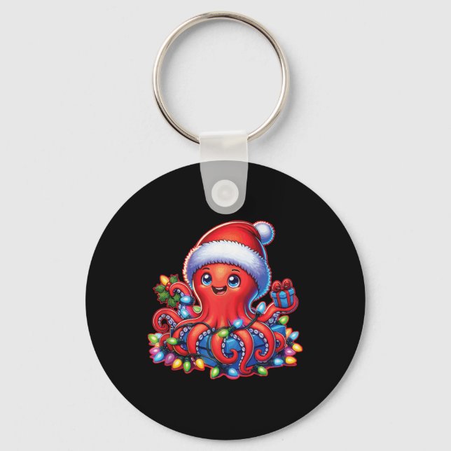 Chaveiro Octopus De Natal Com Santa Hat E Luz De Férias (Frente)