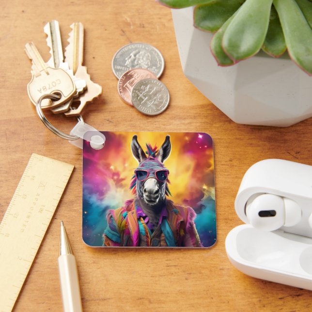 Chaveiro Óculos Rosa Donkey, Cabelo Arco-Íris (Mesa)