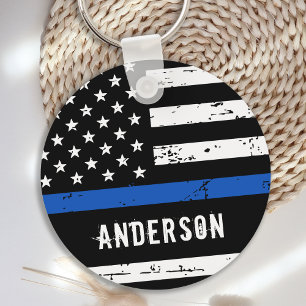 Chaveiro Oficial de Polícia Nome Personalizado Thin Blue L