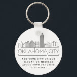 Chaveiro Oklahoma City Stylized Skyline | Slogan Personaliz<br><div class="desc">Uma cadeia-chave única representando a bela cidade de Oklahoma City. Este chaveiro apresenta uma ilustração estilizada do horizonte único da cidade com seu nome embaixo. Por baixo do nome da cidade está um lugar para o seu slogan ou afirmação exclusivo sobre a sua cidade favorita.</div>