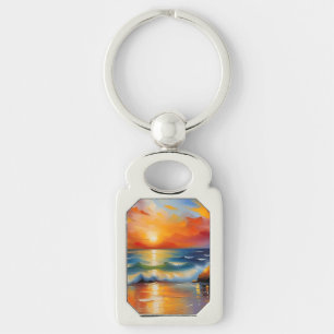 Chaveiro Óleo Pintura do pôr do sol laranja sobre o oceano