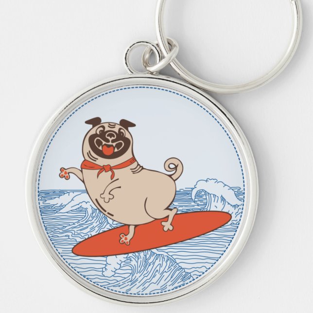 Chaveiro Onda cavalgando cachorro feliz no surfboard chavei (Frente)