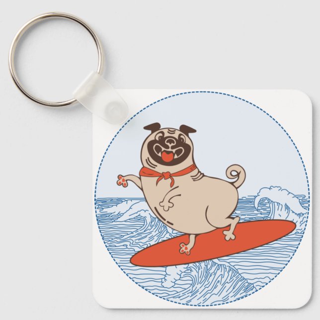 Chaveiro Onda montando cachorro feliz no surfboard (Frente)