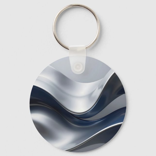 Chaveiro Ondas Fluidas Abstratas Prateadas e Navy em Design (Frente)