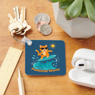 Chaveiro Ondas Pawsome Surfe Surfista Gato Laranja Acrílico