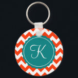 Chaveiro Orange e Teal Zig Zag Personalizado Inicial<br><div class="desc">Padrão moderno de cromo laranja com um pop de metal retrô. Personalize com o inicial.</div>
