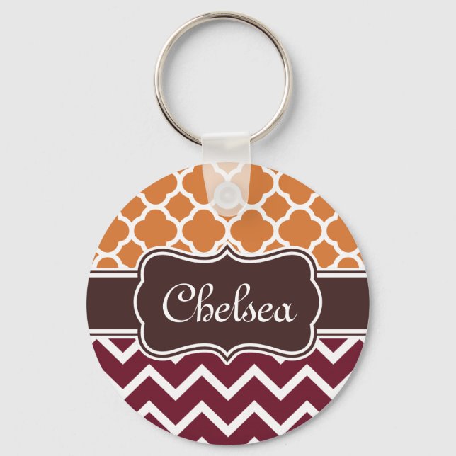 Chaveiro Orange Lattice Maroon Chevron Padrões Brown Name (Frente)