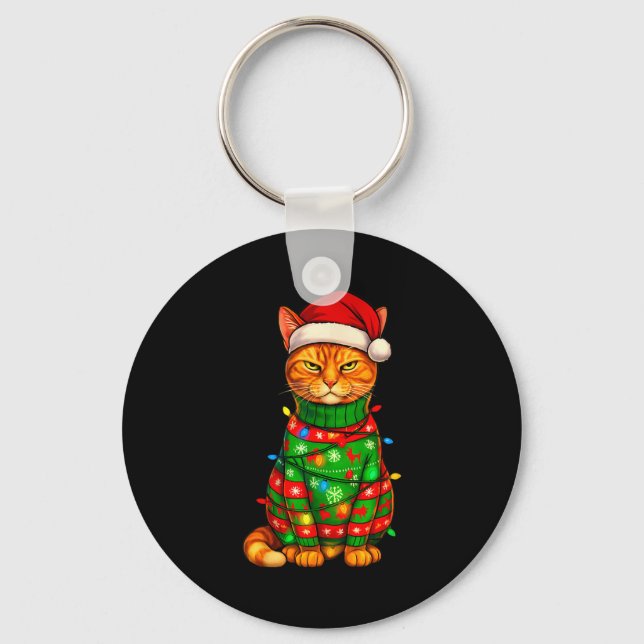 Chaveiro Orange Tabby Cat Christmas Lights Funny Santa Holi (Frente)