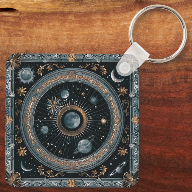 Chaveiro Órbita Lunar Celestial Dourada com Astral Detalhad (Verso)