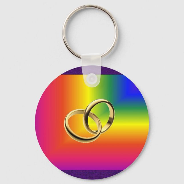 Chaveiro Orgulho Arco-Íris com Bandas Douradas de Casamento (Frente)