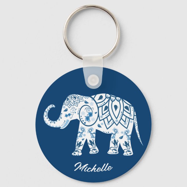 Chaveiro Ornamentado Elefante Azul Padrão Personalizado (Frente)
