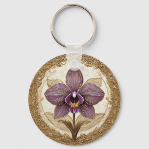 Chaveiro Orquídea Elegante em Moldura Dourada Intrincada