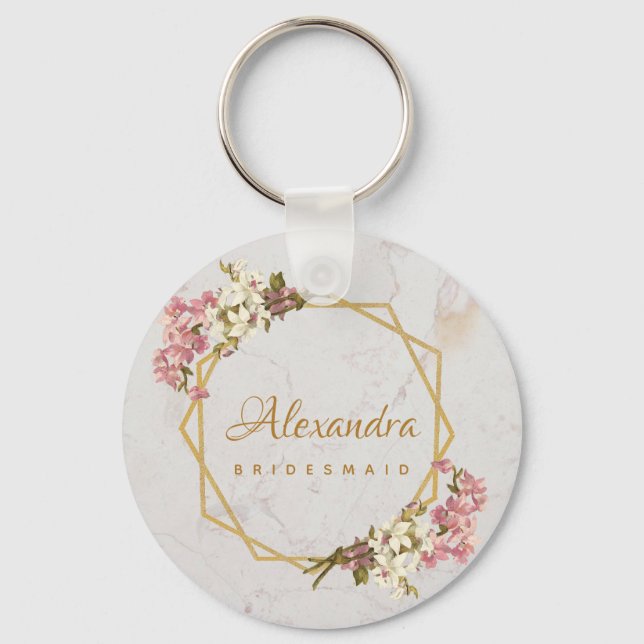 Chaveiro Orquídeas Douradas em Mármore Floral Geométrico Da (Frente)