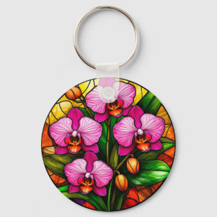 Chaveiro Orquídeas Rosa Vibrante e Folhas Verdes