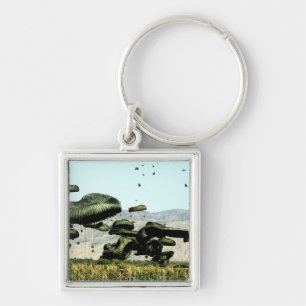 Chaveiro Os pacotes de comida e de água são ar entregado