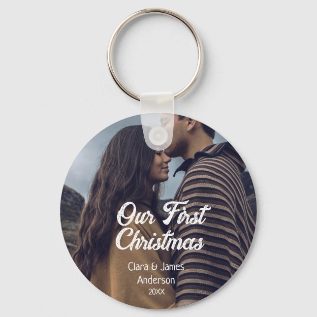 Chaveiro Our first Christmas couple photo name white gray (Frente)