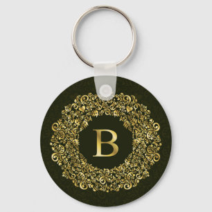 Chaveiro Ouro elegante Monograma inicial de Damasco B verde