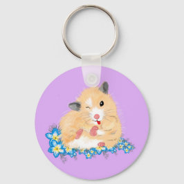 Chaveiro Ouro engraçado hamster sírio sentado em flores