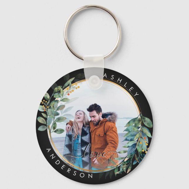 Chaveiro Ouro Floral Casal Verde Botânico Aquarela (Frente)