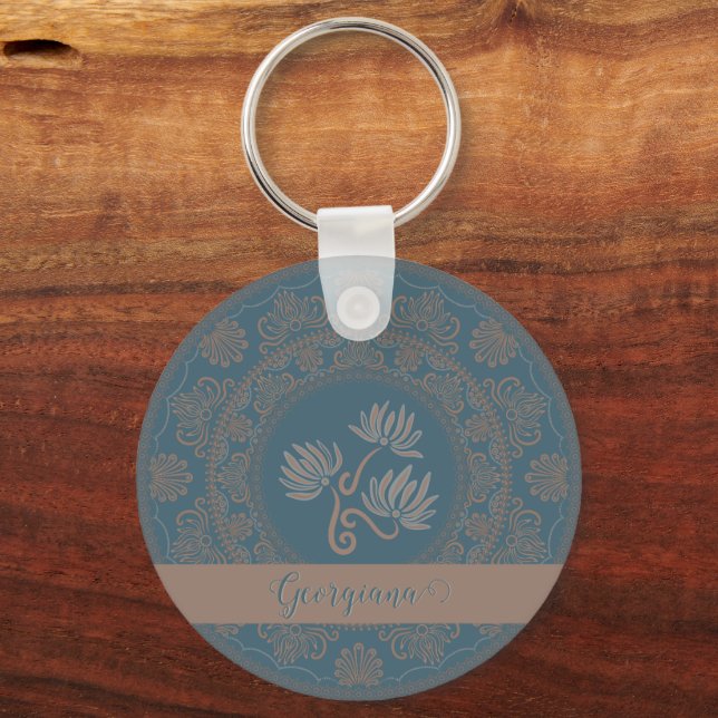 Chaveiro Ouro Personalizado Teal Rococo Lotus Dot Mandala (Frente)