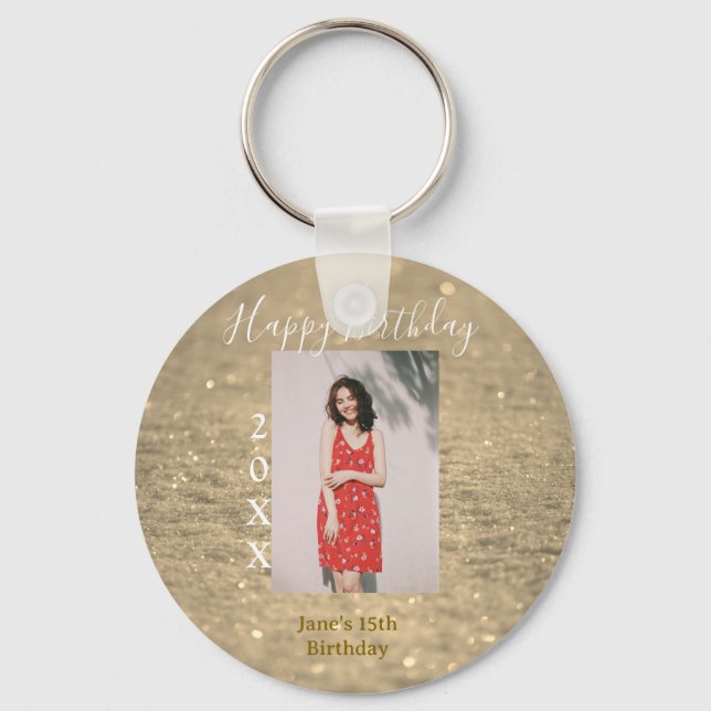 Chaveiro Ouro reluzente feliz 15 de aniversário nome ano (Frente)