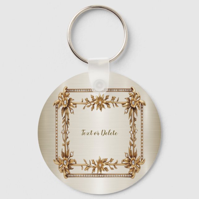 Chaveiro Ouro Retângulo com Flores de Dimond Brilhantes (Frente)