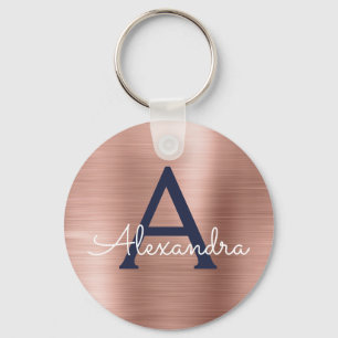 Chaveiro Ouro Rosa Rosa Azul Naval Aço Inoxidável Monograma