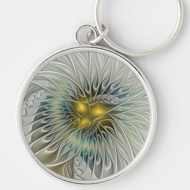 Chaveiro Ouro Silver Flower Fantasy Abstrato de Arte Fracta (Frente)