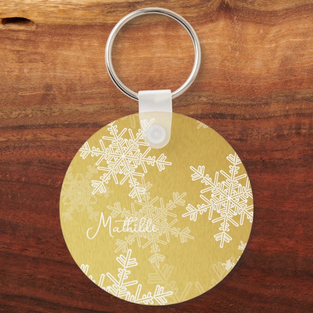 Chaveiro Ouro White Snowflakes Nome de Natal Minimalista (Frente)