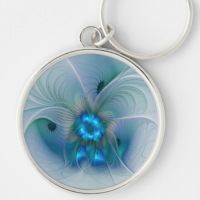 Chaveiro Ovações de Pé, Fractal Azul Turquesa Abstrato (Frente)