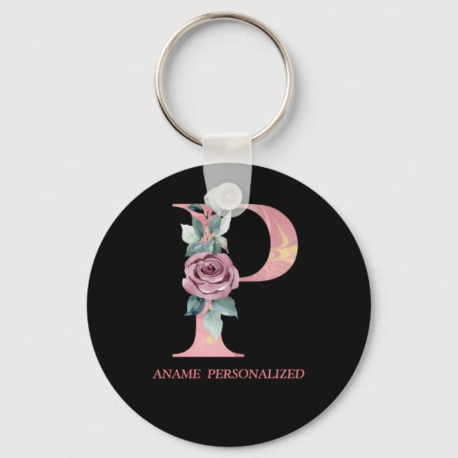 Chaveiro P Floral Monogram Name Letters Pink Agate Keychain (Frente)