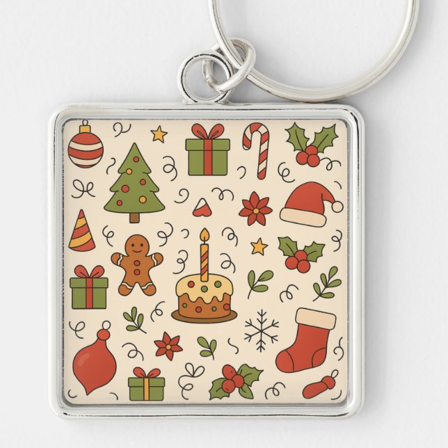 Chaveiro Padrão Alegre de Doodle de Natal (Frente)