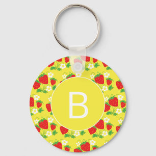 Chaveiro Padrão Amarelo de Morango e Flor Monogramado