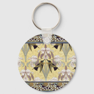 Chaveiro Padrão Art Nouveau de Orquídea Beija-Flor Vintage
