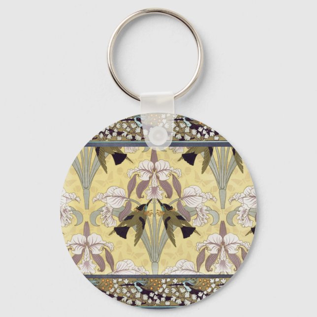 Chaveiro Padrão Art Nouveau de Orquídea Beija-Flor Vintage (Frente)