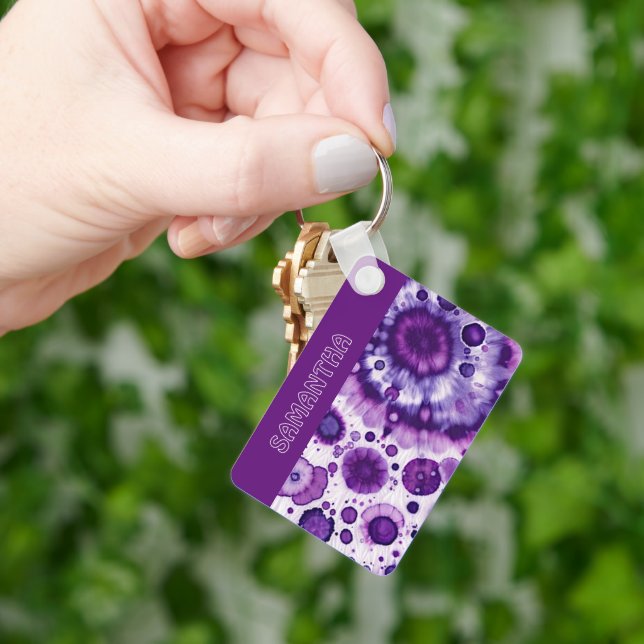 Chaveiro Padrão Artístico de Círculos em Batik Roxo Violeta (Mão)