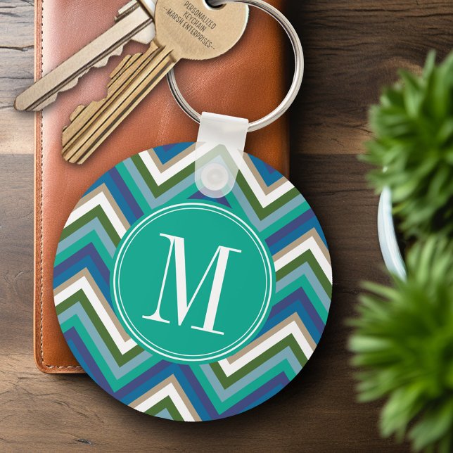 Chaveiro Padrão Chevron Azul e Teal com Monograma (Personalized Keychain - Add Name or Monogram)