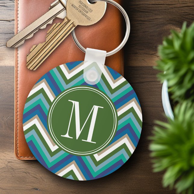 Chaveiro Padrão Chevron Verde e Teal com Monograma (Personalized Keychain - Add Name or Monogram)