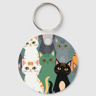 Chaveiro Padrão Colorido de Gatos de Desenho Animado em Mul