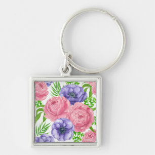 Chaveiro Padrão de aquarela com flores de peônia e anêmo