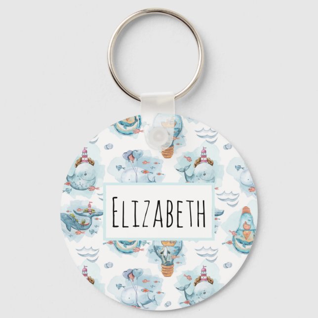 Chaveiro Padrão de Aquarela das Baleias Náuticas Cóticas (Frente)