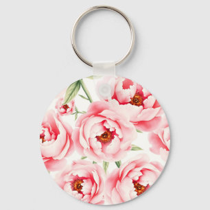 Chaveiro Padrão de aquarela de flores de peônia rosa