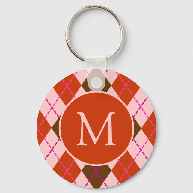 Chaveiro Padrão de Argyle Monograma Vermelho Rosa e Marrom (Frente)