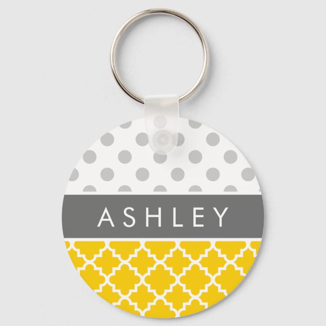Chaveiro Padrão de Bolinhas de Quatrefoil Amarelo e Cinza (Frente)