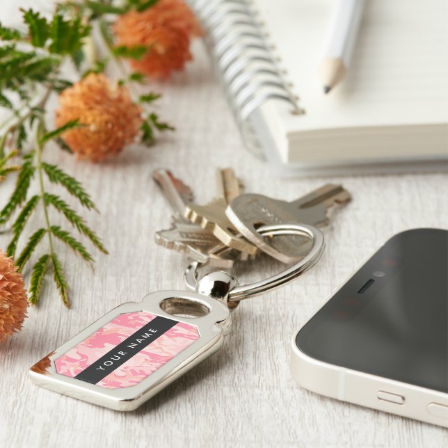 Chaveiro Padrão de Camuflagem Rosa, Seu nome, Personalize (Lateral)